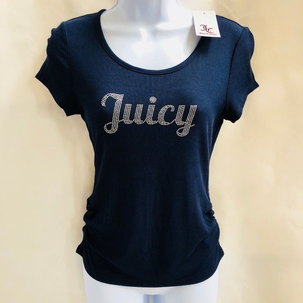 Juicy Couture Navy Rhinestone Logo Lace Up T-Shirt